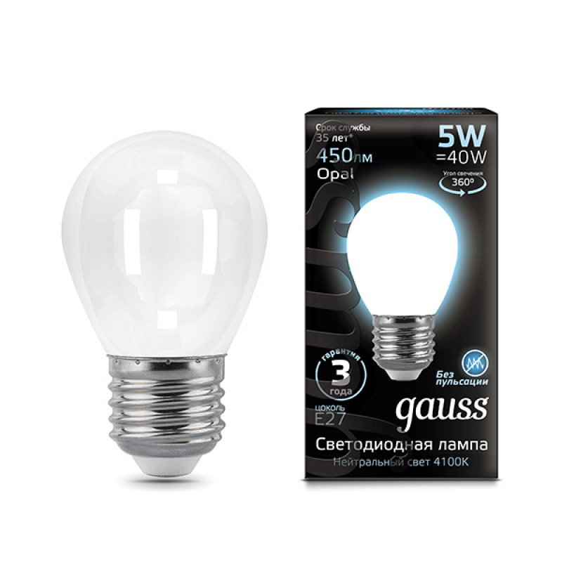 Лампа светодиодная Filament Opal E27 5Ватт 4100K 45*80мм 105202205 от Gauss