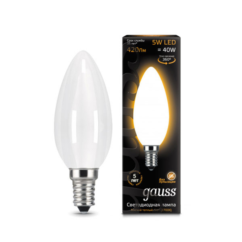 Лампа светодиодная Filament Opal свеча E14  5Ватт 2700K 35*97мм 103201105 от Gauss